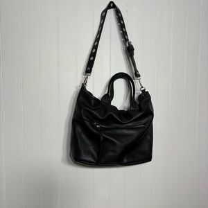 Phase 3 Black Pebbled Leather Hobo Bag Studded Strap Minimalist Slouchy Luxe